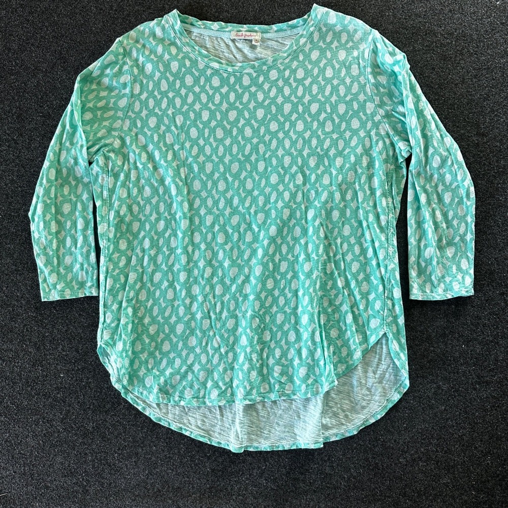 Fresh Produce Womens XL Teal White Geometric Cotton Slub 3/4 Sleeve Top 22032
